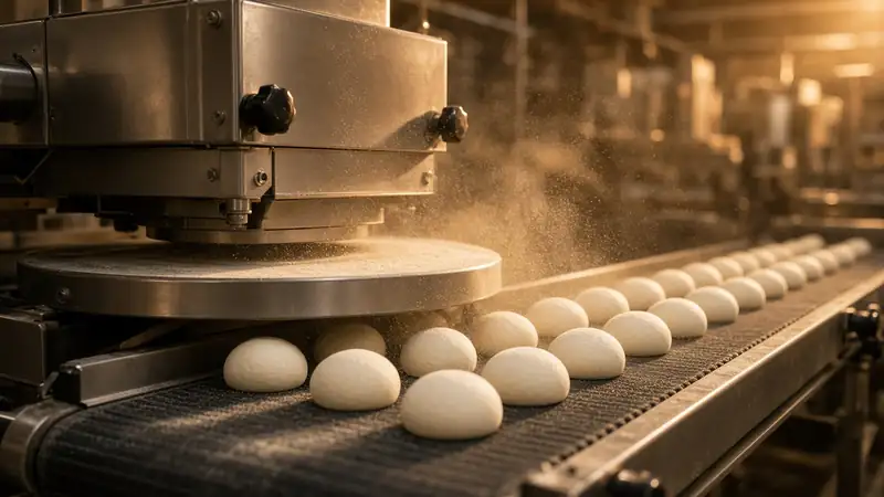 AI concept image: dough balls on a conveyor under a dividing machine