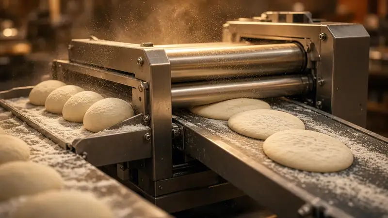 AI concept image: rollers pressing dough balls into flat rounds