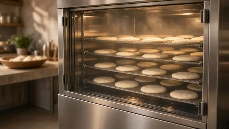 AI concept image: flat dough rounds resting on racks in a proofing cabinet