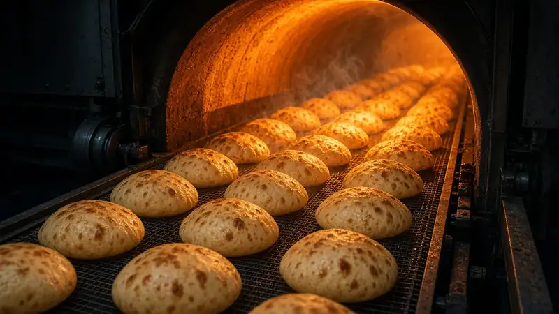 AI concept image: pitas puffing on a belt inside a glowing oven