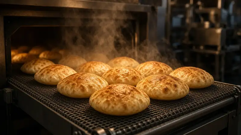 AI concept image: hot baked pitas leaving the oven with steam rising